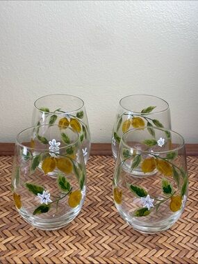 Stemless Hand Painted Lemons Wine Glass Set of Four
